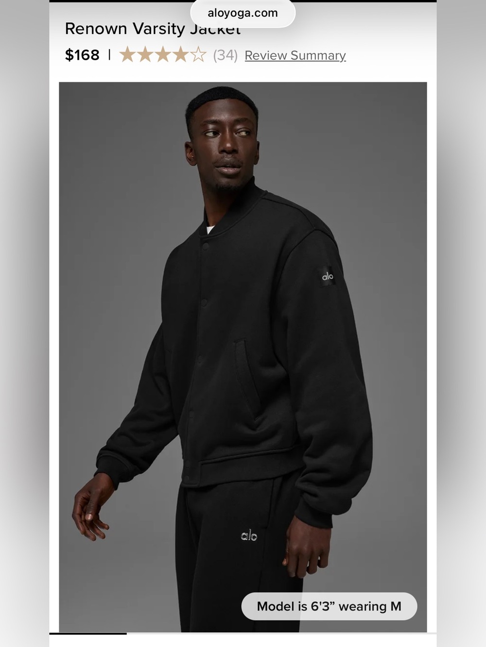 ALO Yoga Men's Black Renown Varsity Bomber Jacket
